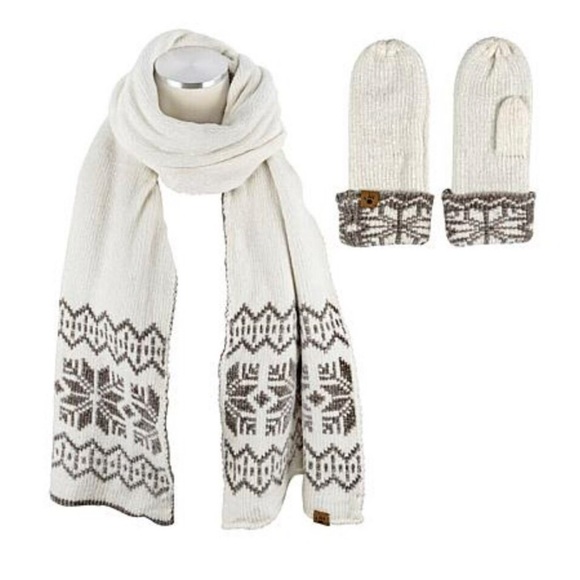 BEARPAW Accessories - BEARPAW Ivory/Taupe, Scarf & Mitten, Fair Isle Chenille
